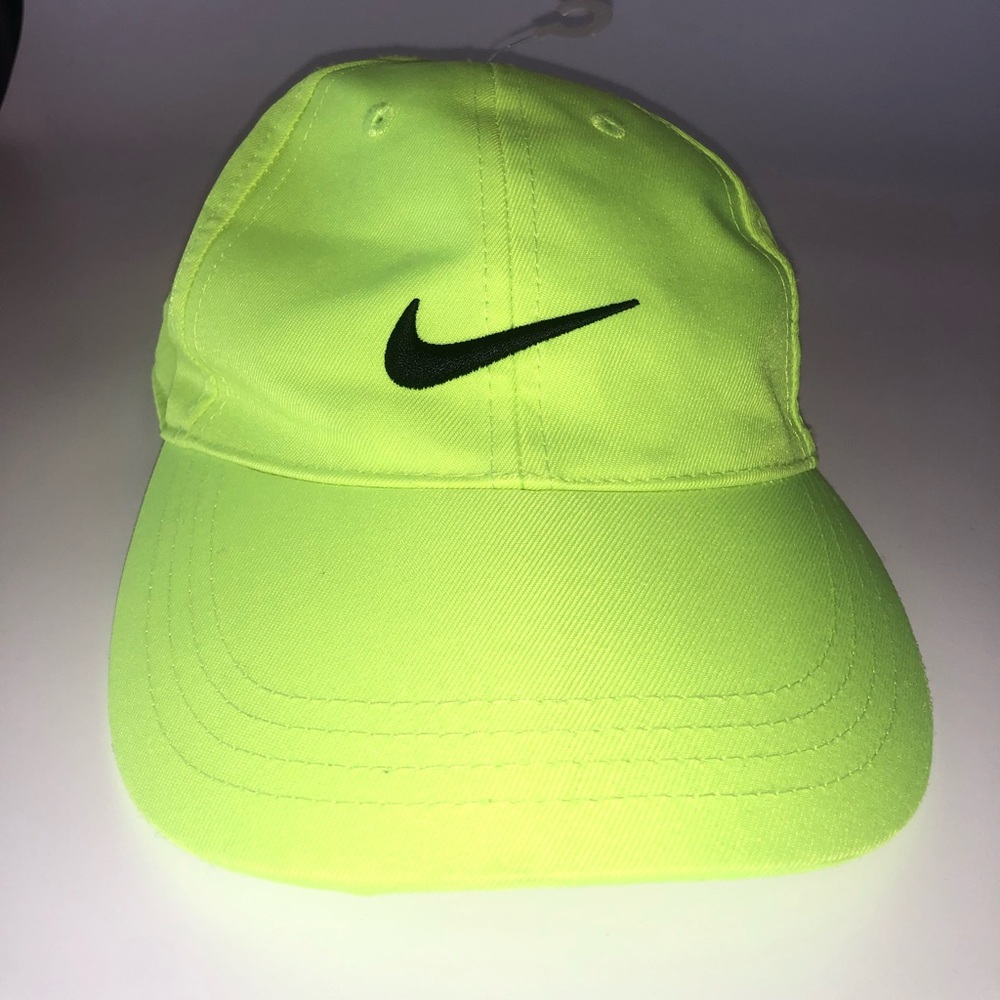 Nike Boys Hat Size 4/7 Neon Yellow Strapback Hook & Loop Swoosh Logo Ball Cap